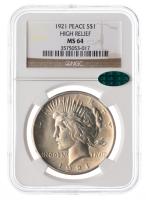 1921 Peace Dollar. NGC graded MS64 High Relief. CAC