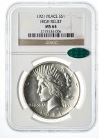 1921. Peace Dollar. NGC graded MS64 High Relief. CAC