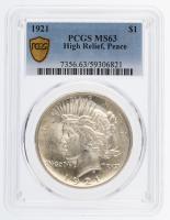 1921. Peace Dollar. PCGS graded MS63 High Relief
