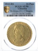 Colombia. 16 Pesos, 1843-RS (Bogota). PCGS graded AU50
