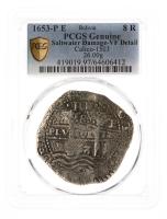Bolivia. 8 Reales, 1653-P E. PCGS graded Genuine, VF Detail (Saltwater Damage)