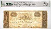 1820 $1 Bank Of Upper Canada, Kingston. PMG graded VF 20