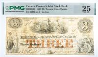 1849 $3 Canada, Farmer's Joint Stock Bank, Toronto, Upper Canada. PMG graded VF 25 Small Hole
