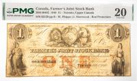 1849 $1 Canada, Farmer's Joint Stock Bank, Toronto, Upper Canada. PMG graded VF 20