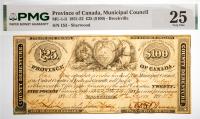 1851-52 &Acirc;&pound;25 ($100) Canada, Province Of Canada, Municipal Council, Brockville. PMG graded VF 25 Cancelled, Corner Added,