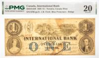 1858 $1 Canada International Bank, Toronto, Canada West. PMG graded VF 20 Rust, Stains