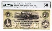 1859 $5 Canada, Bank Of Brantford, Brantford, Canada West. PMG graded AU 50