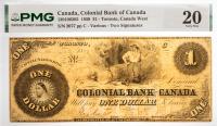 1859 $1 Canada, Colonial Bank Of Canada, Toronto, Canada West. PMG graded VF 20 Pinholes