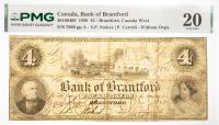 1859 $4 Canada, Bank Of Brantford, Brantford, Canada West. PMG graded VF 20 Previously Mounted