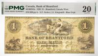 1859 $1 Canada Bank Of Brantford, Brantford, Canada West. PMG graded VF 20 Pinholes