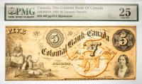 1859 $5 The Colonial Bank Of Canada, Toronto Ontario. PMG graded VF 25