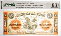 1861 $2 Canada, Bank Of Clifton, Clifton, Province Of Canada. PMG graded Choice Unc 63 EPQ