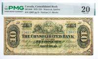 1876 $10 Canada, Consolidated Bank, Montreal, Quebec. PMG graded VF 20 Repaired, Pinholes