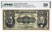 1908 $5 Canada, Molsons Bank, Montreal, Canada East. PMG graded VF 30