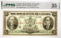 1913 $5 Royal Bank Of Canada, Montreal, Quebec. PMG graded Choice VF 35 Minor Stains
