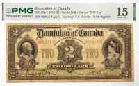 1914 $2 Dominion Of Canada, Series D-K. PMG graded Choice F 15 Minor Rust