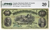 1916 $10 Canada, Merchants Bank Of Canada, Montreal Quebec. PMG graded VF 20 Pinholes, Minor Foreign Substance