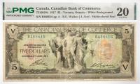1917 $5 Canada, Canadian Bank Of Commerce, Toronto, Ontario. PMG graded VF 20 Minor Rust