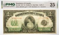 1917 $1 Dominion Of Canada Prefix F-J. PMG graded VF 25 Tear