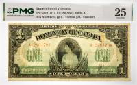 1917 $1 Dominion Of Canada No Seal. PMG graded VF 25