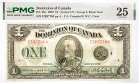 1923 $1 Dominion Of Canada, Series E-F. PMG graded VF 25 Repaired, Edge Damage