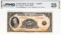 1935 $5 Bank Of Canada "English". PMG graded VF 25 Discoloration