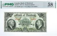 1935 $5 Canada, Bank Of Montreal, Montreal, Quebec. PMG graded Choice AU 58