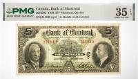 1938 $5 Canada, Bank Of Montreal, Montreal, Quebec. PMG graded Choice VF 35 EPQ