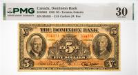 1938 $5 Dominion Bank Canada, Toronto, Ontario. PMG graded VF 30 Small Tear