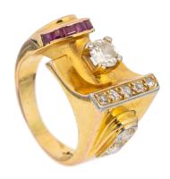 Ladies 14K Yellow Gold Diamond and Ruby Ring in an Unusual Modern Design