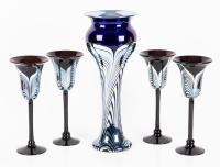 Monumental Correia Vase Pulled Feather Art Glass and Four Goblets in Silver and Cobalt Blue, Retired