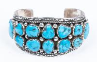 Lovely Ladies Navajo Bracelet Having Consistent Robin's Egg Blues Across 14 Pieces of Turquoise by Joe Tom