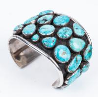 Magnificent Vintage Cuff Designed and Signed by "Son of Bear" 24 Pieces of Nevada Turquoise