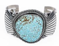 Exceptional Sterling Silver Cuff for the Lady or Gentleman with a Magnificent Center Turquois and Brilliant Design