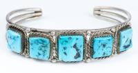 Appealing Petite Turquoise Bracelet with 5 Square Cut Nevada Turquoise