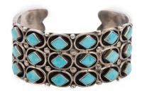 Ladies Navajo Style Cuff Bracelet with Rows of Diamond Shaped Turquoise Totaling 18