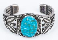 Superior Navajo Cuff by John Yazzie Centered with a Fine Oval of Blue Gem Turquoise