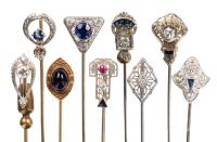 Nine Fine Antique Stick Pins in 14K White or Yellow Gold Topped with a Variety of Diamonds, Sapphires, Rubies and Amethy