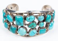 Outstanding, Large Cuff with 24 Sky Blue Turquoise Artfully Arranged on an Openwork Frame