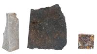 Ordinary Chondrite, Brahin Pallsite, and Gibeon Iron-Nickel Meteorite, all 3 in Ryker Mount.