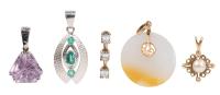 Excellent Collection of Pendants of Five Pendants, All in 14K Yellow or White Gold, Some Include Diamonds, Emeralds, Ame