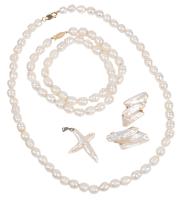 Fine Collection of Freshwater Pearl Jewelry: Two Necklaces, Cross Pendant and Stylish Earrings Mounted in 14K Yellow Gol