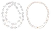 Freshwater Coin Pearl Necklace 46" in Length and Freshwater Biwa Pearl Necklace, Double Strand with 14K Yellow Gold Clas