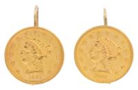 Outstanding Earrings for the Lady Made of Authentic $2.50 Quarter Eagle Gold Coins Both Dated 1861 and the Coins are in