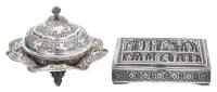Three Silver Persian Table Accessories Including a Fine Cigarette Box with Assyrian Designs