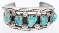 Striking, Rugged Navajo Style Cuff Bracelet 5 Excellent Turquoise "Chunks" in Sterling Silver
