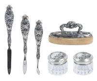 Antique Art Nouveau Style Sterling Silver Manicure Set with Two Sterling Silver Lidded Pots