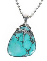 Premium Navajo Style Pendant Necklace in Nevada Turquoise with Bezel and Chain in Sterling Silver