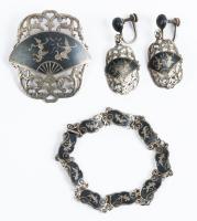 Vintage Siamese Sterling Silver Filigree and Niello Ensemble Including Bracelet, Earrings and Brooch