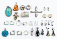 24 Pieces of Sterling Silver Jewelry Including Pendants, Rings, Earrings and Coin Cufflinks